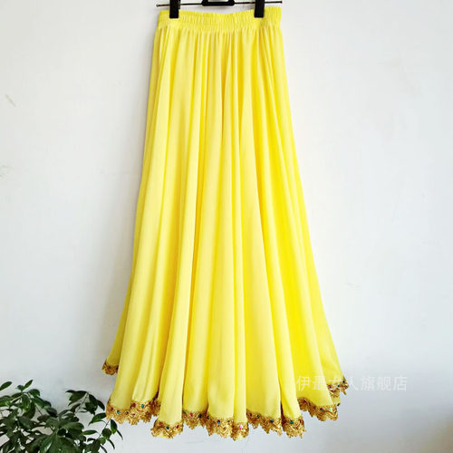 720度大摆雪纺半身裙金色蕾丝花边维族新疆舞广场舞民族舞蹈长裙 - 图2