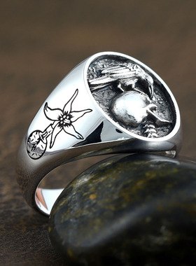 立体浮雕乌鸦骷髅头男士925银戒
