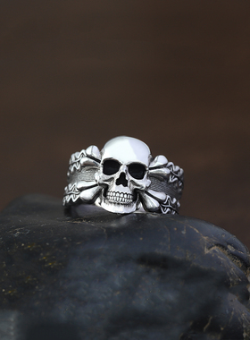 欧美骷髅头力量橡树叶925银戒指