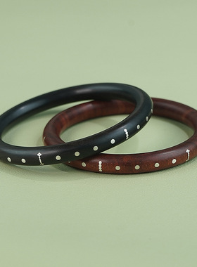 紫檀木镶银手镯紫檀镶嵌国风称星实木圆镯子黑檀称心如意手环饰品