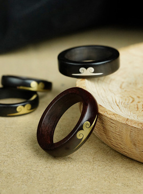 紫光檀木镶银戒指黑檀镶嵌金箍咒情侣紧箍对戒手饰品如意金箍咒