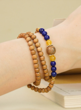 老山檀香手串108颗印度老山回纹珠配珠木镶银佛珠手链女蜜蜡配珠