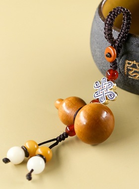 天然桃木葫芦福禄饰品朱砂中国结红绿玛瑙菩提手工编织钥匙扣