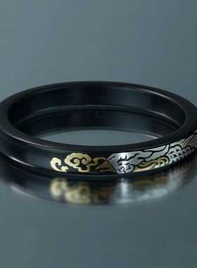 原创黑檀木镶银国风龙凤呈祥手镯紫光檀镶嵌铜方形实木镯子手饰品