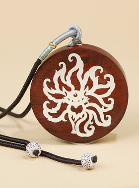 小叶紫檀木镶银凤九挂件狐狸九尾狐吊坠国风项坠无事牌道家挂饰品