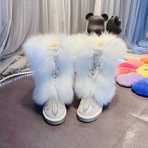 Foreign Air New Heavy Work Fox Fur High Cylinder Snowy Boots Water Drill Handmade Custom Real Cow Leather Goddess Cotton Long Boots Slim