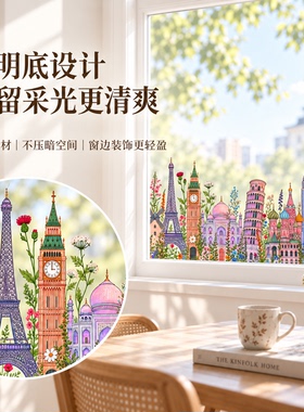世界建筑插画艺术装饰透明窗边贴
