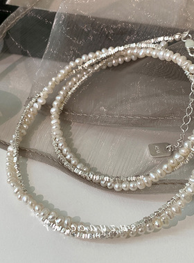 双层碎银子珍珠缠绕项链女小众复古个性简约百搭气质颈链锁骨链