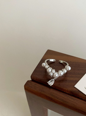 珍珠锆石流苏金属开口戒指女设计感小众复古个性简约百搭气质