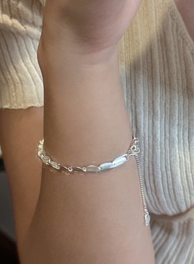 S925纯银韩版小众设计感哑光豆豆手链韩版韩式风复古简约抽拉