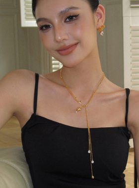 Boonee alus高级感玫瑰花朵抽拉项链女ins小众锆石金色长款锁骨