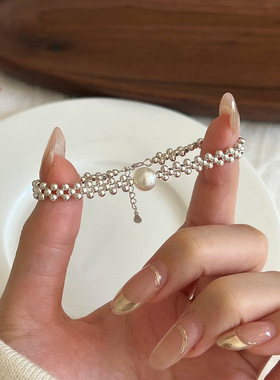 蒂奇S925纯银满天星小银珠拼接施家仿珍珠双层手链女轻奢小众