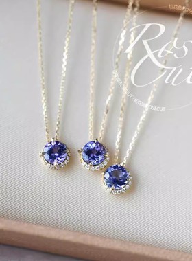 《月半弯》日系天然坦桑石镀18K金项链轻奢紫水晶agete阿卡朵吊坠