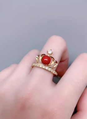 正品天然朱砂戒指925镀金玫瑰花