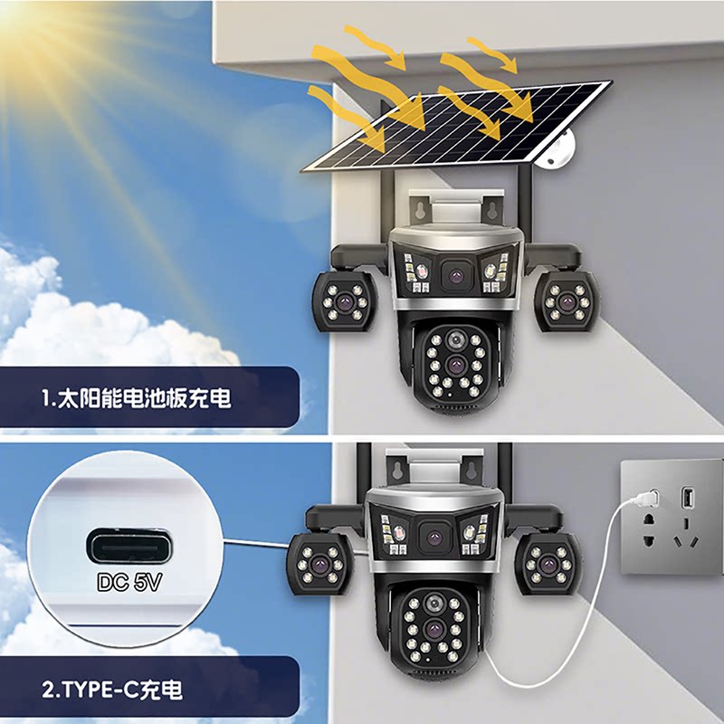 V380Pro solar wireless camera WiFi/4g surveillance camera four lenses day and night full color global communication