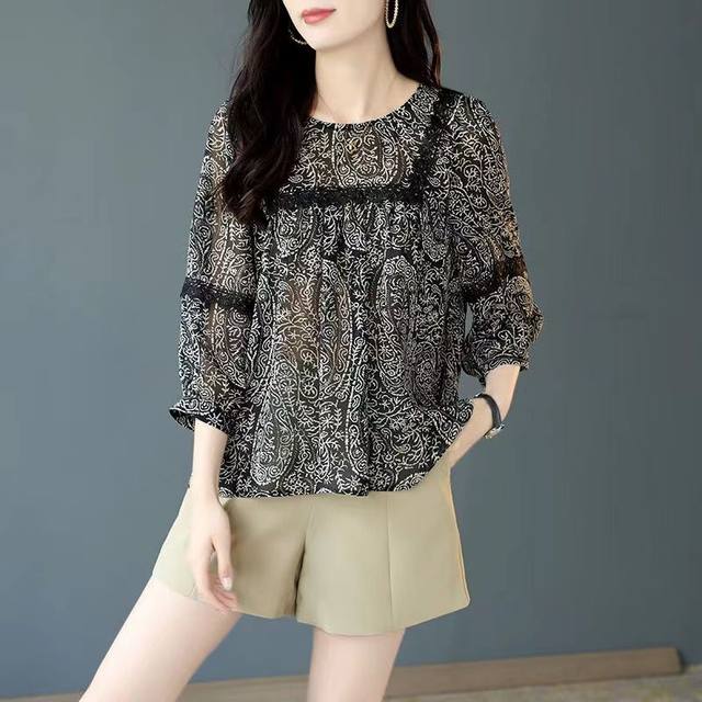 Women's fashionable round neck lace spliced chiffon shirt