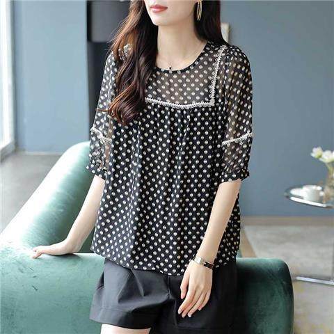Women's fashionable round neck lace spliced chiffon shirt