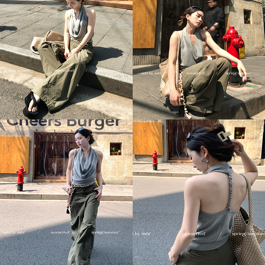 大于诗集 无人之境 纯欲风无袖背心女修身显瘦挂脖荡领针织上衣夏 - 图1