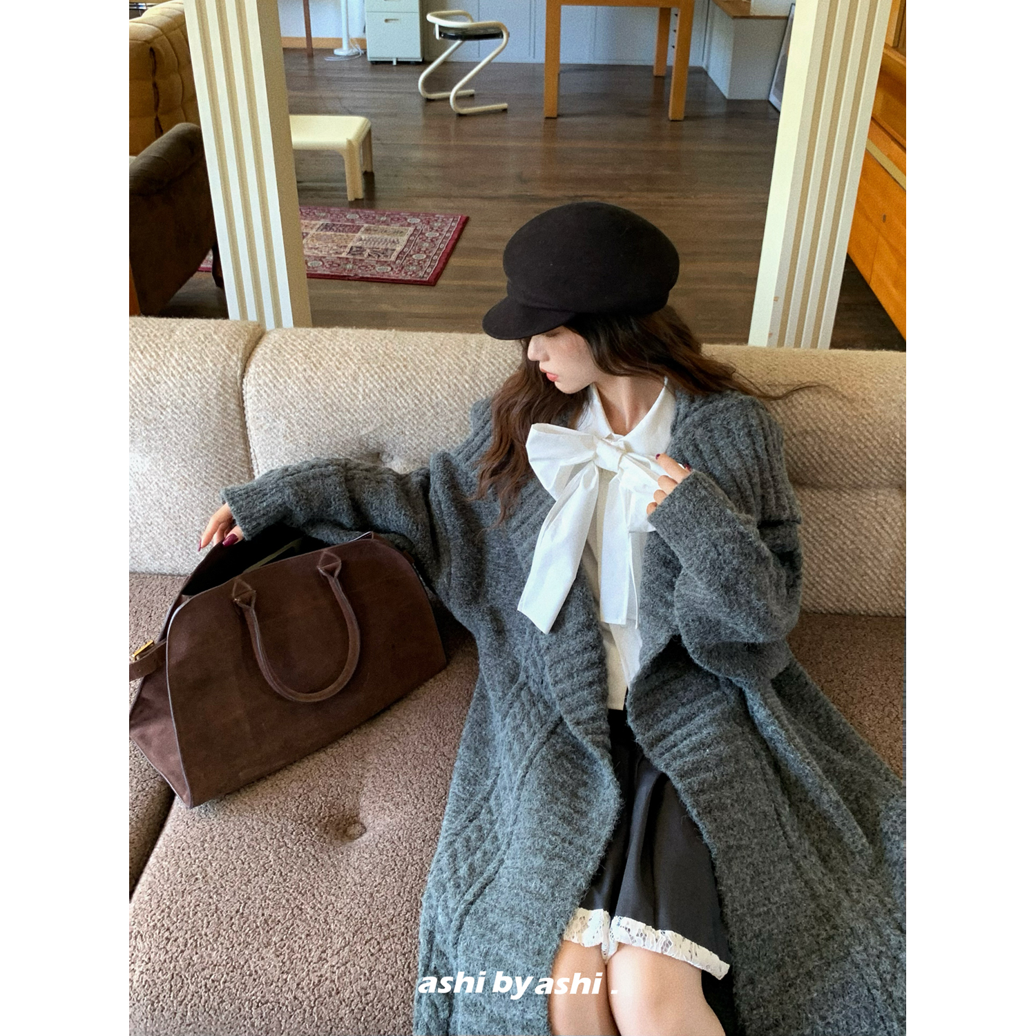 大于诗集 南韩姐姐 大翻领慵懒加厚长款毛衣开衫女宽松针织外套秋 - 图0