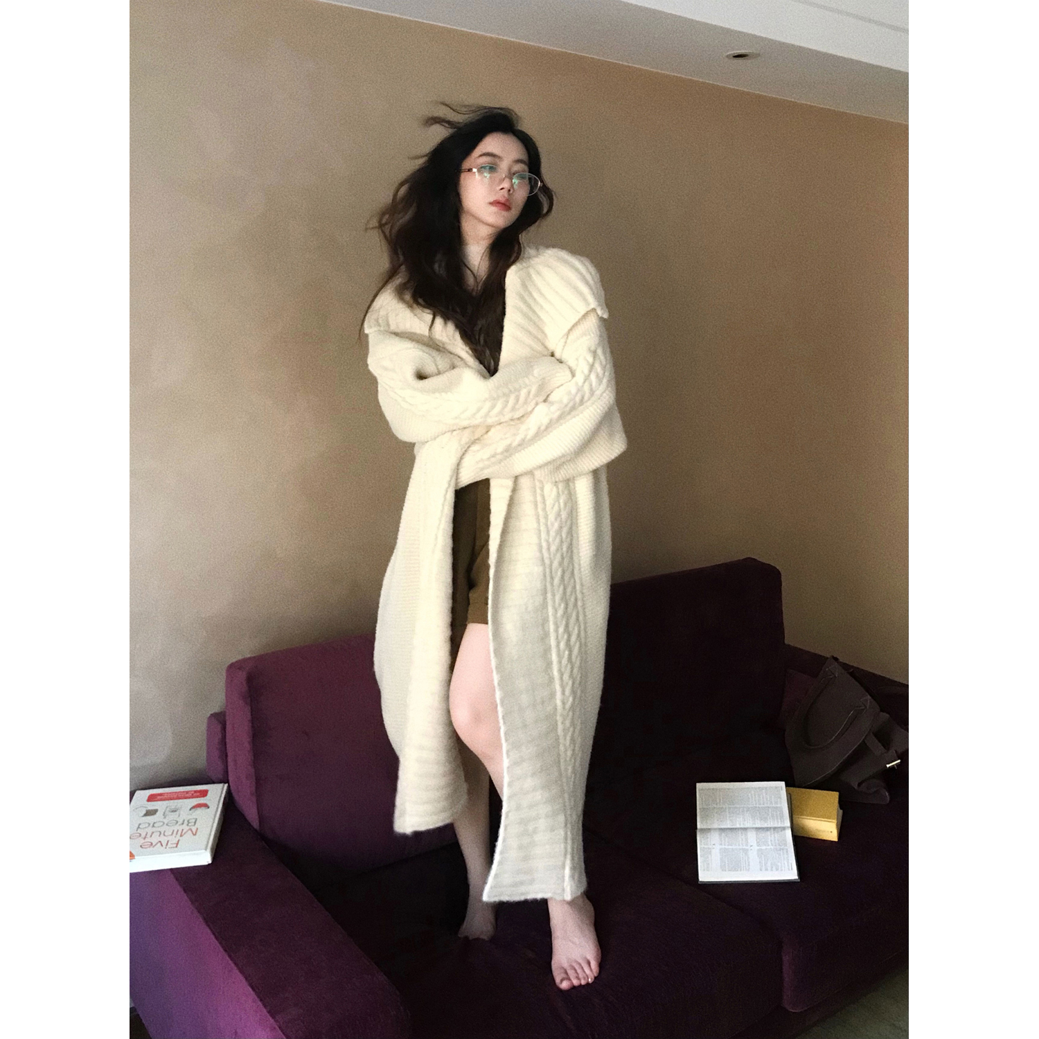 大于诗集 南韩姐姐 大翻领慵懒加厚长款毛衣开衫女宽松针织外套秋 - 图2