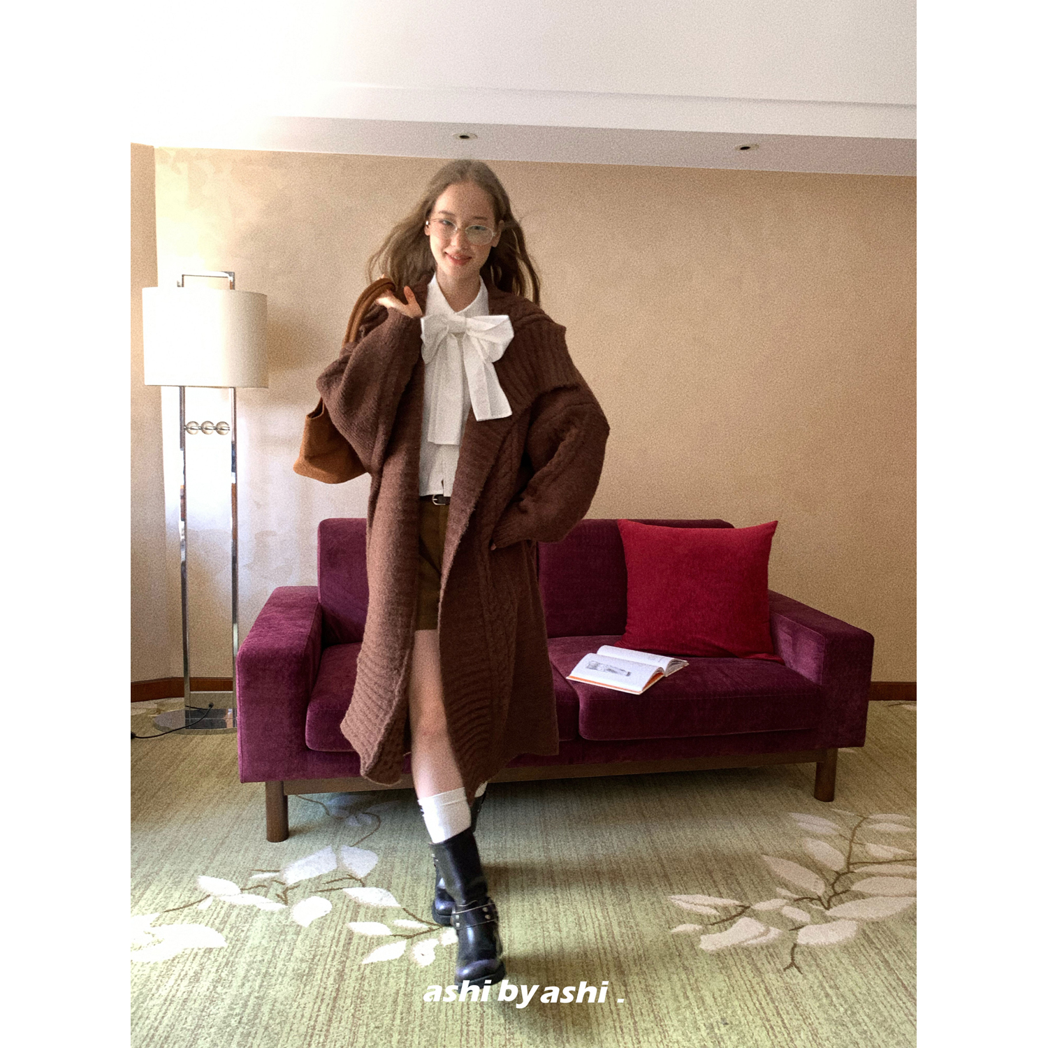 大于诗集 南韩姐姐 大翻领慵懒加厚长款毛衣开衫女宽松针织外套秋 - 图1