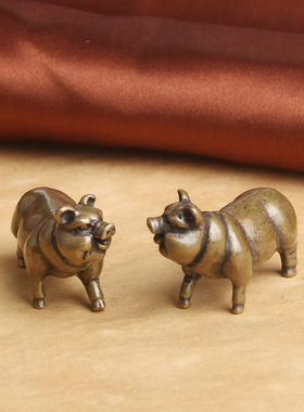 复古典藏国风艺术黄铜摆件古法手工匠作小胖福猪成对猪茶宠手把件