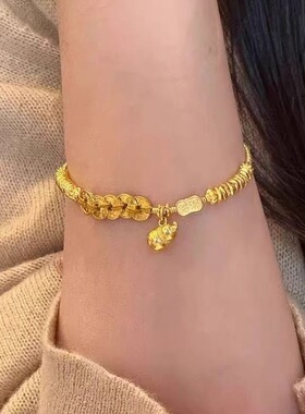 【中国白银】新中式古法五钱帝铜钱手链拉丝葫芦沙金复古百搭手饰