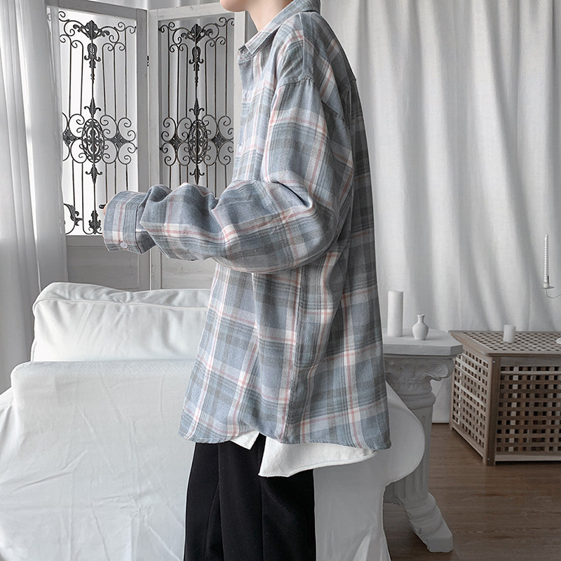 港风春季男士长袖衬衫韩版宽松潮流格子衬衣帅气百搭休闲男生上衣,淘宝优惠券,粉丝福利购,淘宝优惠卷