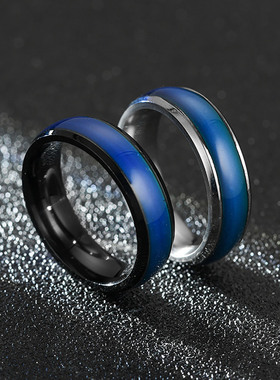 欧美简约七色变色感温钛钢情侣戒