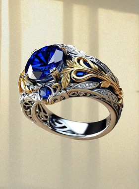 欧美复古蓝宝石戒指男女通用
