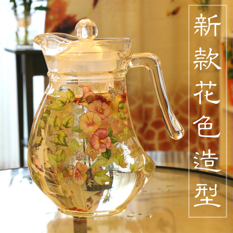 韓國大容量玫瑰花小鴨玻璃涼熱水壺耐高溫加厚1400ml茶水壺防炸