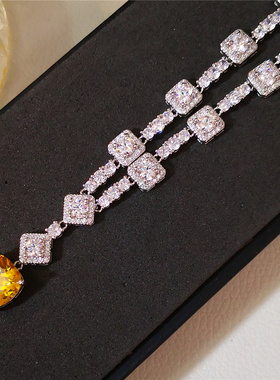 欧美奢华微镶锆石黄方块精致气质婚纱宴会新娘耳环项链套装超闪女