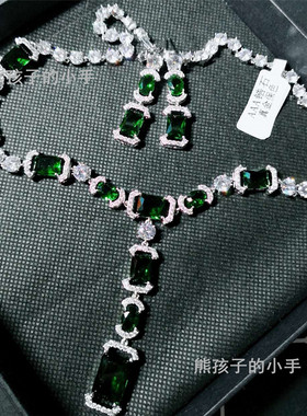 欧美微镶锆石祖母绿宴会复古项链
