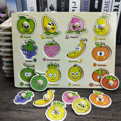 1-2-3岁幼儿童手抓拼图动物水果认知早教益智力拼版木制嵌板玩具 - 图0
