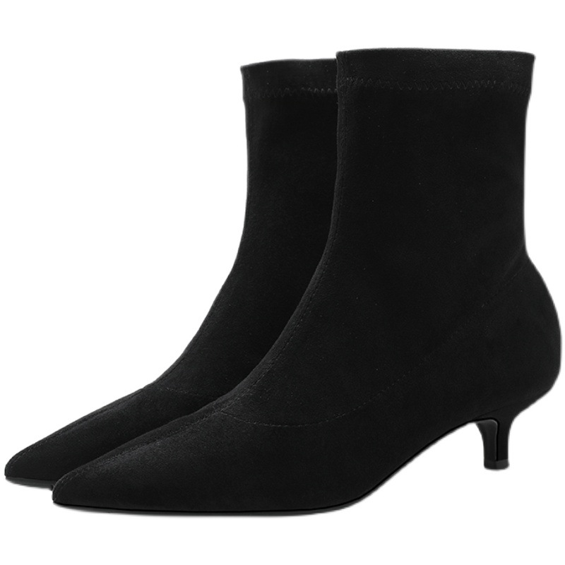 欧美女靴子2025年春秋款猫跟中跟靴细跟瘦脚弹力靴时尚尖头短靴女 - 图3