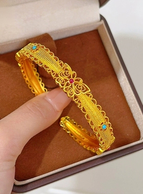 新中式沙金珐琅彩镂空花丝蝴蝶手镯女古法开口镯子小众百搭送女友