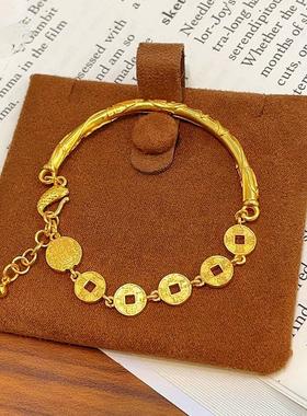 古法錾刻沙金福字吉言五帝钱五路财神半镯手链新中式镯子女送礼物