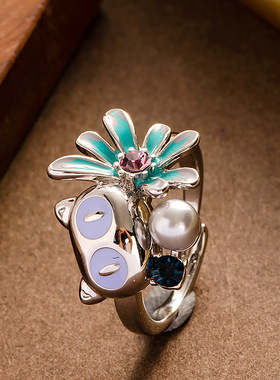 时尚精致镶钻珍珠滴油花卉开口戒指可调节小众高级感不掉色食指