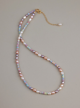 天然淡水米粒珍珠项链女彩色石多巴胺锁骨链S925银简约气质