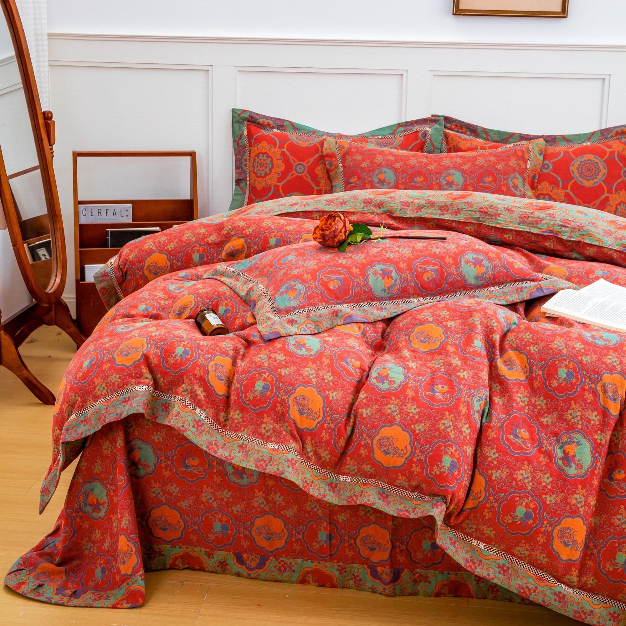 柿柿如意全棉双层纱四件套纯棉色织提花高端棉纱床单被套床上用品,淘宝优惠券,粉丝福利购,淘宝优惠卷