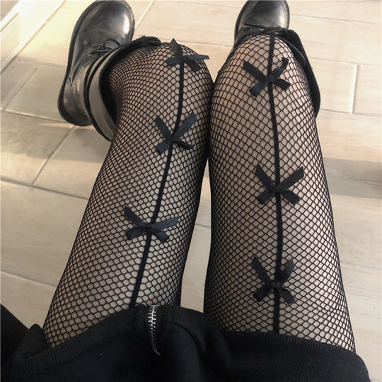Pure Xiaomo black silk bow hollow fishnet stockings