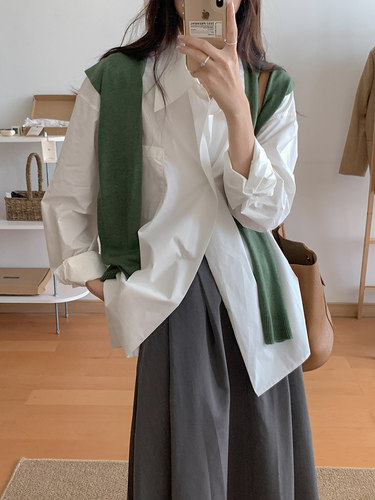 韩系百搭纯色针织披肩女外搭2025春秋假领子叠穿配衬衫系带小坎肩 - 图2
