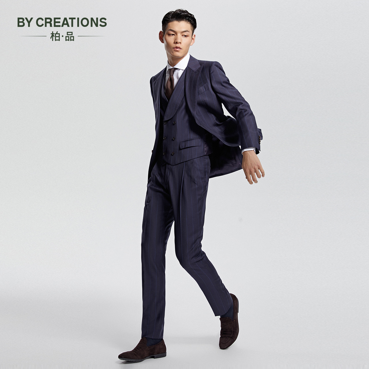 【意大利进口Drago】柏品纯羊毛商务西服外套男宽条纹商务黑西装 - 图0