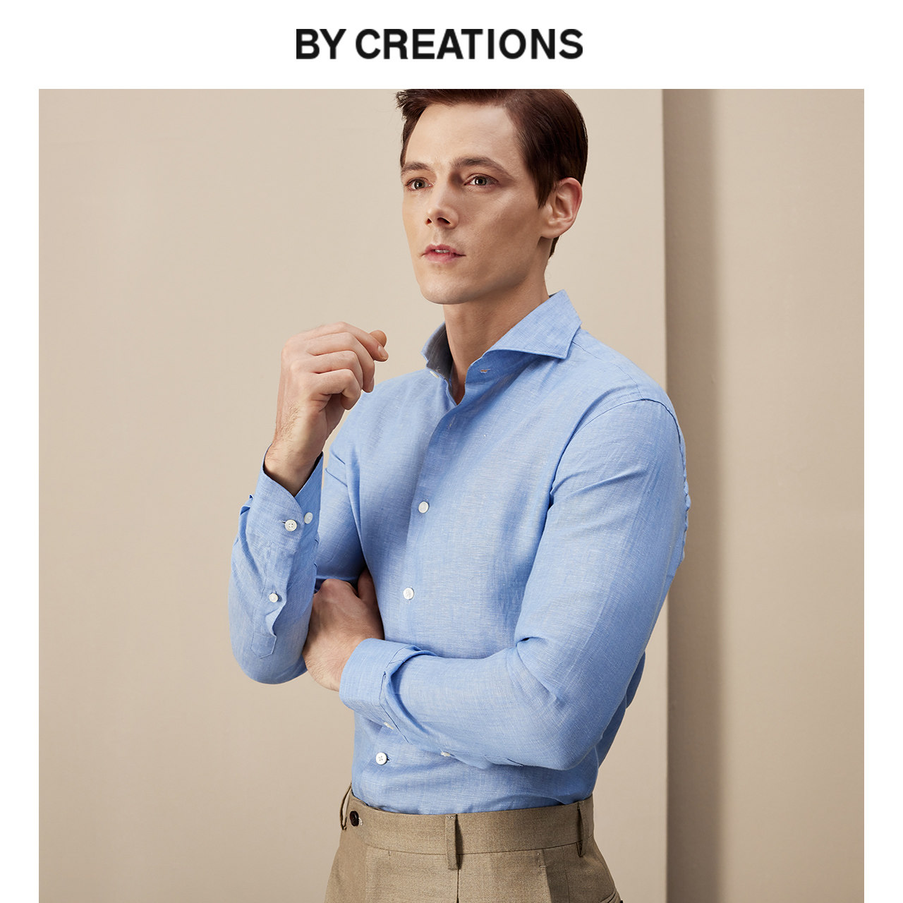 柏品TESTA纯亚麻弧开领商务纯色衬衫男四季修身正装职业长袖衬衣