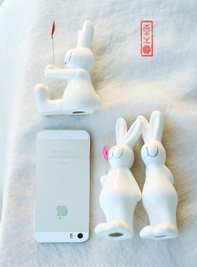 日式风陶瓷小白兔快乐兔装饰品