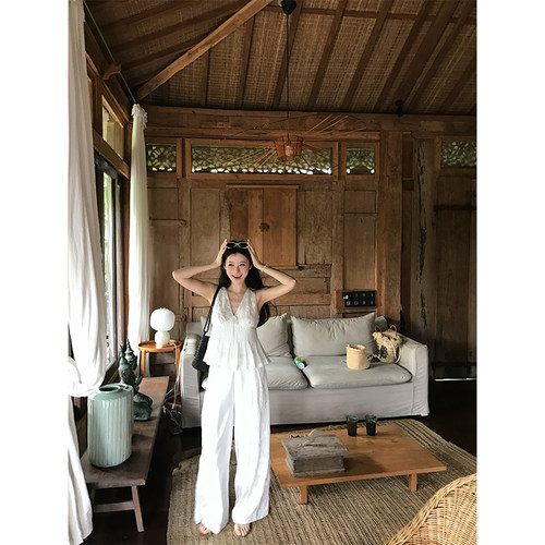 VASSE美蟹松弛莱赛尔天丝刺绣拼接高腰阔腿裤女优雅挺括宽松长裤 - 图2