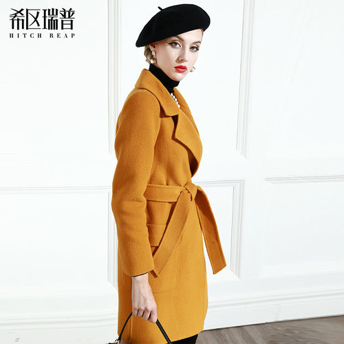 希区瑞普双面羊毛呢大衣女黄色无羊绒中长款外套欧美新款 - 图1