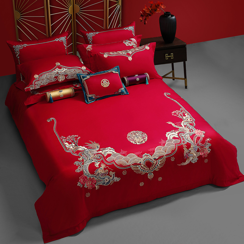 水星家纺婚庆四件套全棉红色套件结婚喜纯棉庆床单被套床上用品