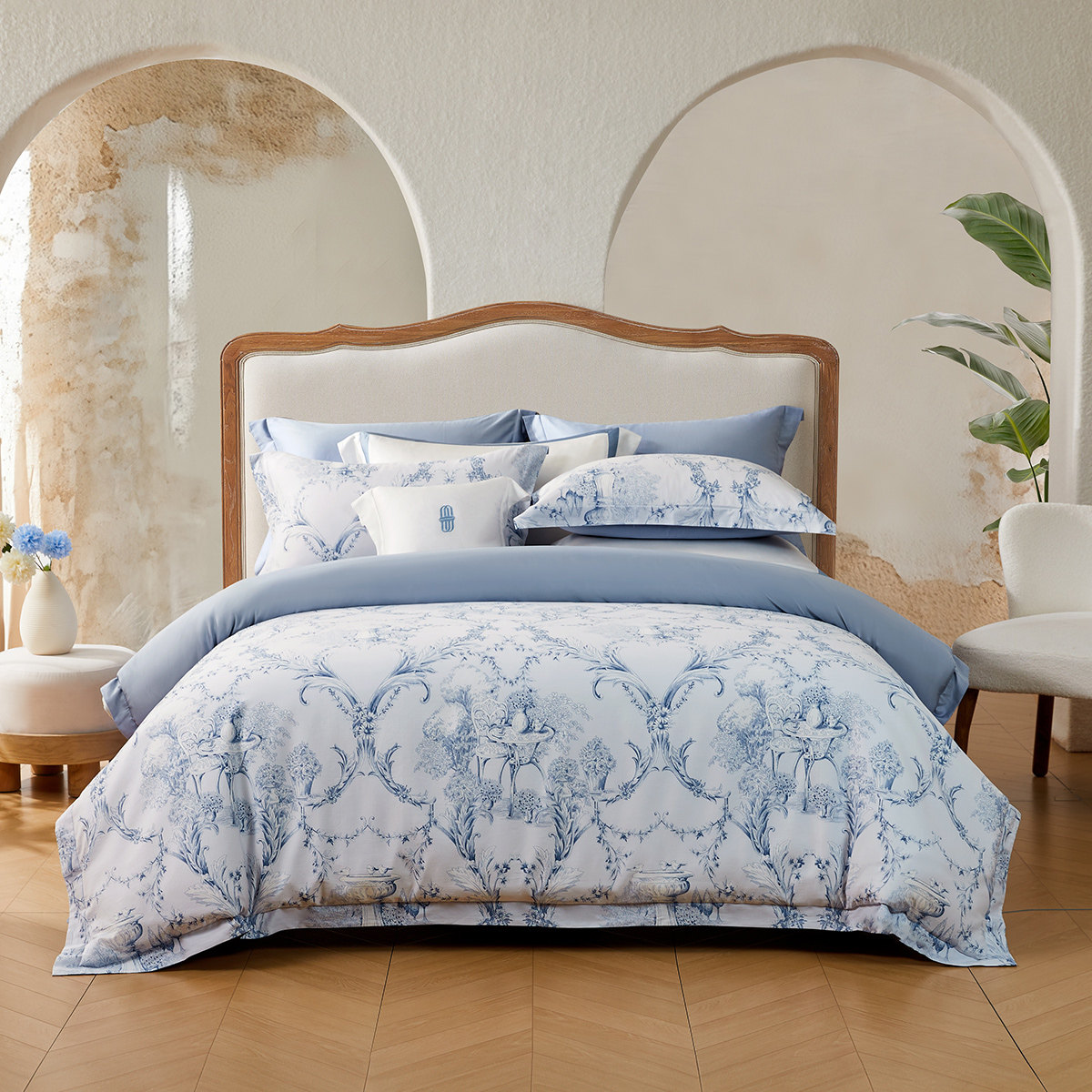 水星家纺60支长绒棉贡缎四件套A类抑菌套件法式蓝调轻奢被套床单,淘宝优惠券,粉丝福利购,淘宝优惠卷