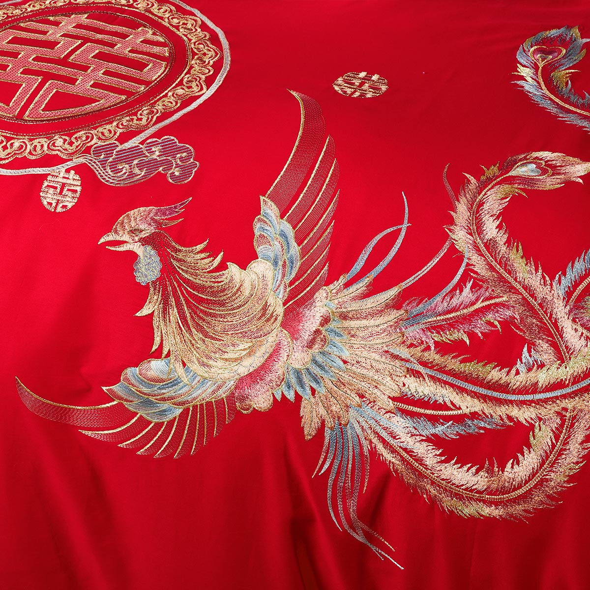 水星家纺全棉刺绣四六件套大红结婚床上用品纯棉绣花被套龙凤瑞彩